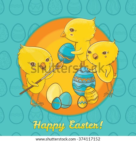 Easter postcard with cute little chickens and easter painted eggs. Vector illustration