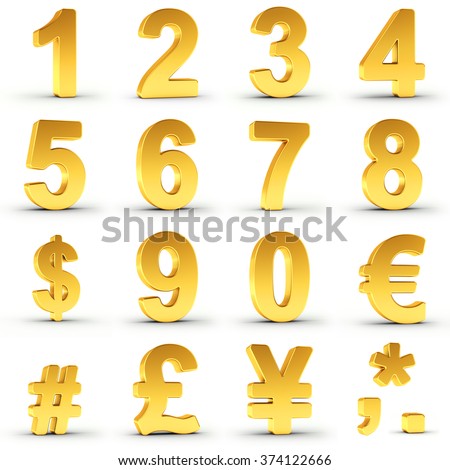 Set of golden numbers and currency symbols over white background with clipping path for each item for fast and accurate isolation. Ideal for price tags, circulars and adverts.