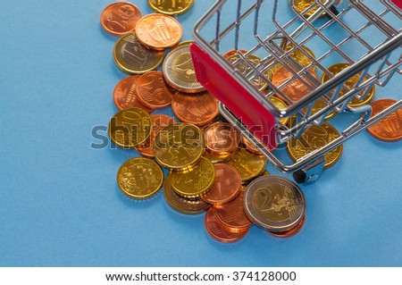 A shopping cart with euro coins, symbolic photo for purchasing power and consumption