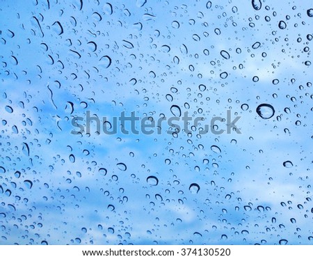 water drop on glass in background with blue sky