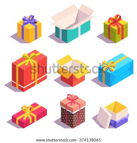 Bright, colorful present and gift boxes with ribbon bows. Flat isometric illustration on white background.