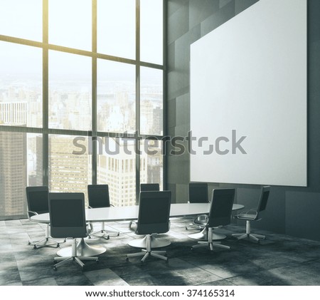 Dark meeting room with blank picture frame and table, mock up 3D Render