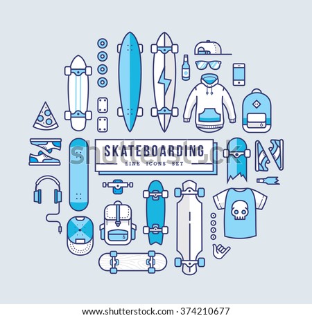 Skateboarding line icons set