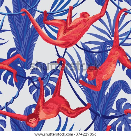 red hanging monkeys in the blue jungle seamless background