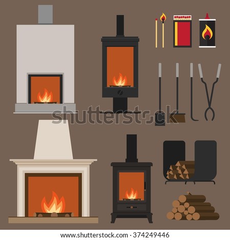 Set of vector fireplaces, with woods, tools and accessories. Flat style. Royalty-Free Stock Photo #374249446