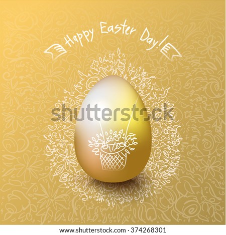 Happy Easter Day greeting card with colored eggs and flowers.
Hand Drawn and Handwritten Design Elements. 
Lettering Design.