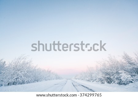 Winter road, snowy trees. Minimalistic landscape with a gradient blue sky.