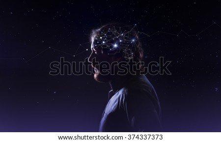 Profile of a bearded man head with  symbol neurons in brain. Thinking like stars, the cosmos inside human, background night sky Royalty-Free Stock Photo #374337373