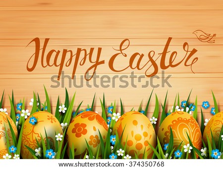 Template Easter Card with golden realistic eggs and flowers. Folk paints. Vector  background. Lettering, calligraphy. Handwriting inscription.