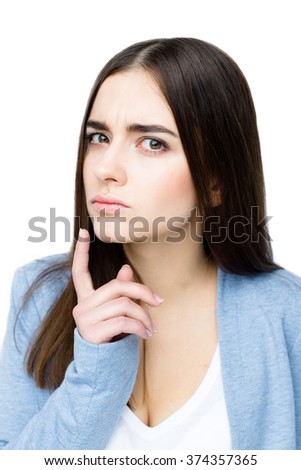 Close up portrait of Beautiful woman with sad expression on white background