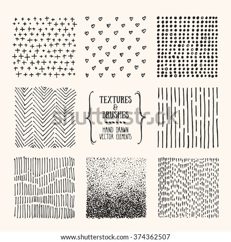 Hand drawn textures and brushes. Artistic collection of design elements: dots, hearts, brush strokes, paint dabs, wavy lines, abstract backgrounds, patterns made with ink. Isolated vector.