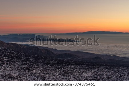 Taormina sunrise. Etna volcano with snow