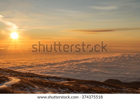 Sunrise. Etna volcano with snow