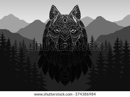 Patterned head of a wolf, coyote, dog against the backdrop of mountains, forest. Abstract image in the background of mountains and dense forest down to the valley in the foreground. Mountain landscape