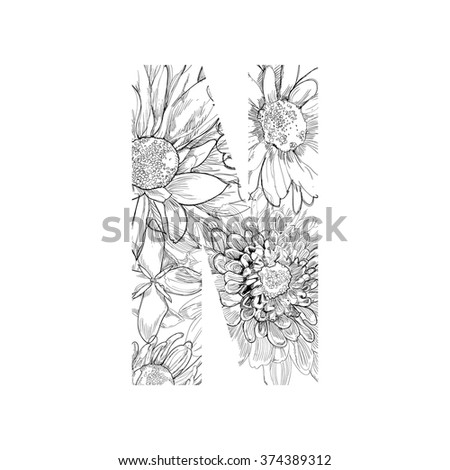 Alphabet from flowers drawing vector - letter N.