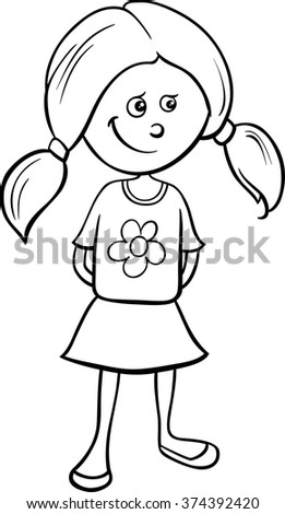 Black and White Cartoon Vector Illustration of Funny Preschool or School Age Girl for Coloring Book