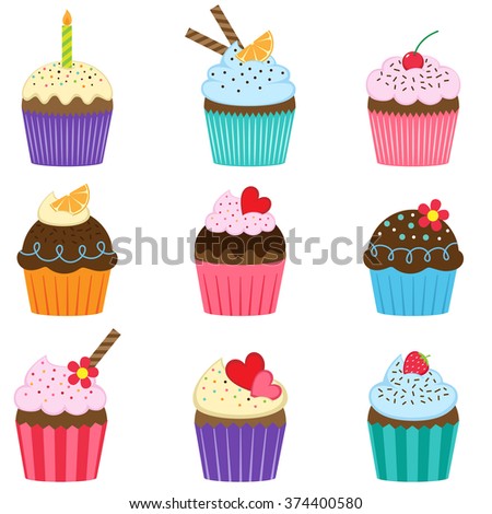 Set of nine different cute cupcakes. Raster version