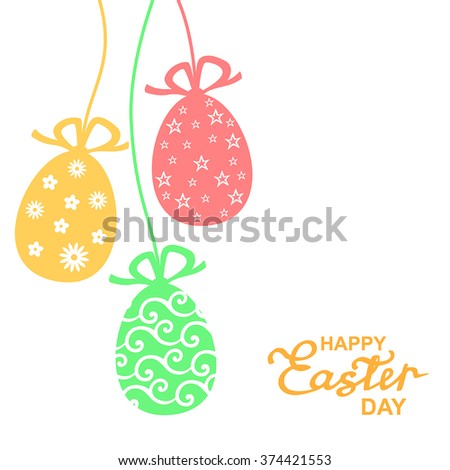Vector black and white illustrations of greeting Easter card with hanging patterned color eggs