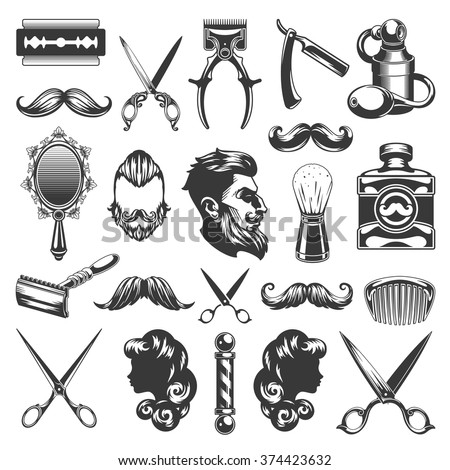 Barber Shop Vector Silhouettes and Icons Set. For Logos, Labels, Badges and Advertising. Beauty Salon Silhouette, Barber Pole Silhouette, Scissors Silhouette, Razor Silhouette, Woman Face, Man Face.