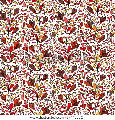 Colorful hand drawn vector seamless floral pattern with red and brown flowers and leaves on white background. Doodle.