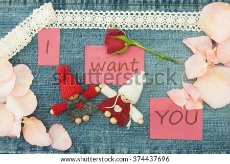 Valentine, greeting card with knitting couple in love, little red rose and soft pink rose petals. Lettering  I want you on the denim background. Handmade concept