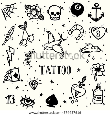 Set of old school tattoos. Hand drawn vector background. Royalty-Free Stock Photo #374457616