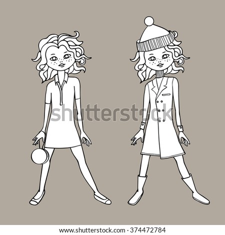 Black & white cute teen girl in two fashion outfits. Body template. Vector illustration