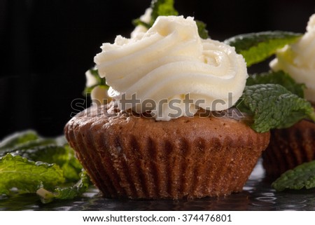 Baked homemade cupcakes with chocolate and mint