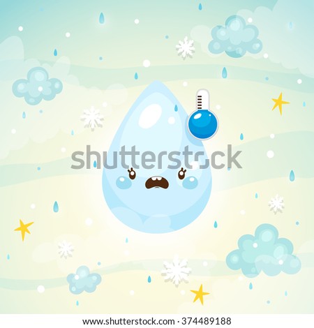 Emotional weather, sad rain drop with thermometer, low temperature, children's illustration, vector.
