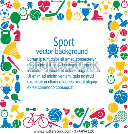 Sports background. Sports icon with space for text. Fitness icons in flat style. The icons of sports games and equipment. Vector illustration.