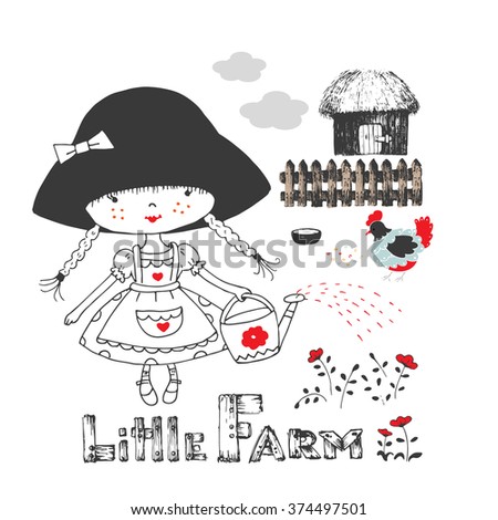 vector hand drawn illustration of cute farmer girl watering flowers in her little farm/farmer girl/cute girl/canbe used as a kid's or baby's fashion print design /shirt design