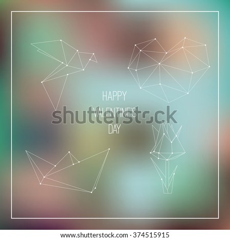 Vector Valentine's day card with origami heart, bird, flower and paper boat on bokeh background