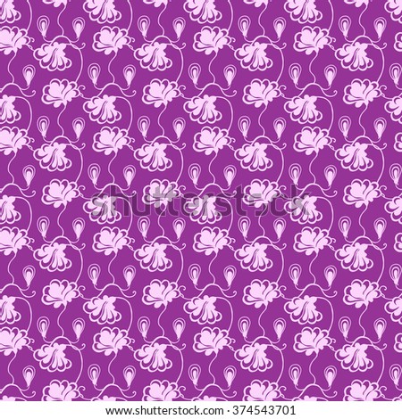 Seamless creative hand-drawn pattern of stylized flowers in bright violet and pale lilac colors. Vector illustration.