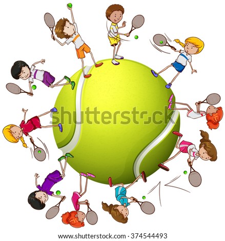 Girls and boys playing tennis illustration