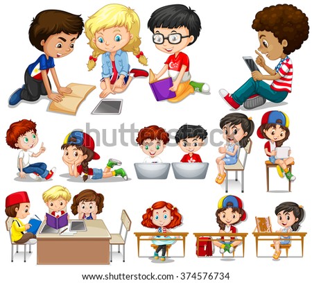 Children reading and learning illustration
