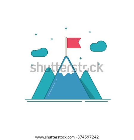 Blue mountains with red flag on top vector logo, concept of leadership emblem, achievement success, mission symbol, mountaineering, hiking brand modern flat outline line design isolated on white