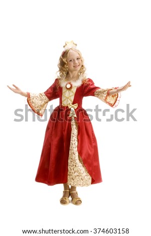 Beautiful Little Girl With Long Blonde Hair in the Princess Costume Welcomes Everybody to the Carnival at the White Background. Red and Gold Empire Dress.