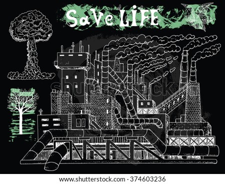 Black illustration with dirty factory, tree, explosion and leafless tree. Hand drawn line art  symbols and illustrations, doodle drawing, environment protection theme