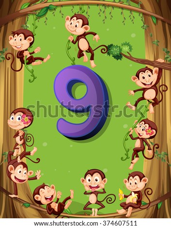 Number nine with 9 monkeys on the tree illustration