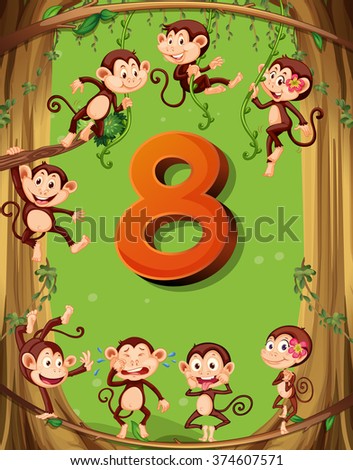 Number eight with 8 monkeys on the tree illustration