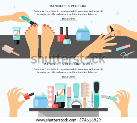Manicure and pedicure tips tools accessories information 2 flat banners composition webpage design abstract isolated vector illustration