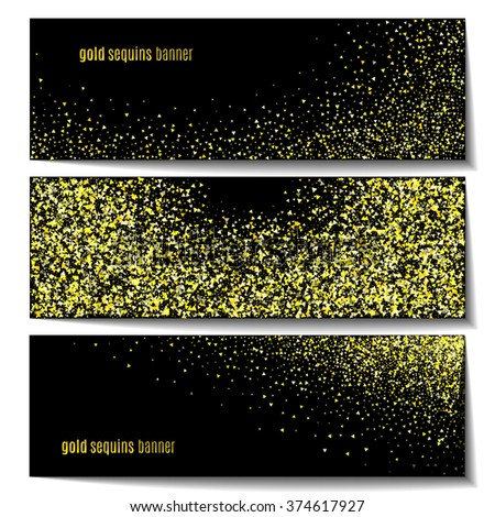 Set of black banners with golden glitter. Stock vector.