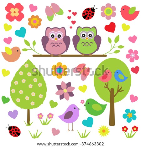 Vector set of spring theme. Spring trees, flowers, butterflies, ladybugs, love owls and other birds on an isolated white background