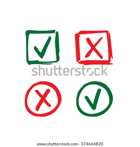 Set of hand-drawn check mark icons. Tick and cross in circle and square frame