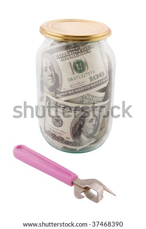 money in glass bank on white background