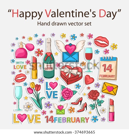 Happy Valentines Day clip art with shadow,isolated on a white background.Hand Drawn.Scrapbook.Sticker.With letter,perfume,text,lipstick,hearts,flowers,women shoes,champagne,glasses,email,love