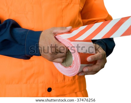 Worker stretch warning tape isolated on white