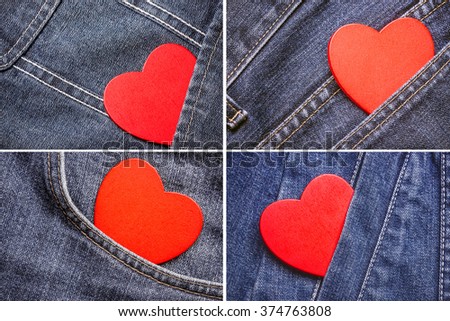 Red heart in blue jeans pocket. Set of four photos.