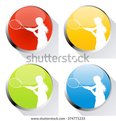 Tennis player woman web icon or badge vector background set