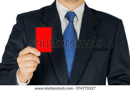 Business man is showing red card isolated over white. Photo includes two clipping path white background and card.